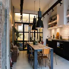 Simple-and-spacious-industrial-kitchen-design-with-black-pendants-that-stand